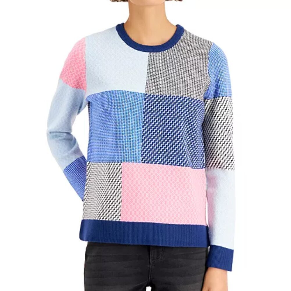Style & Co Sz. M colorblock, mixed pattern thick colorful sweater, patchworl
